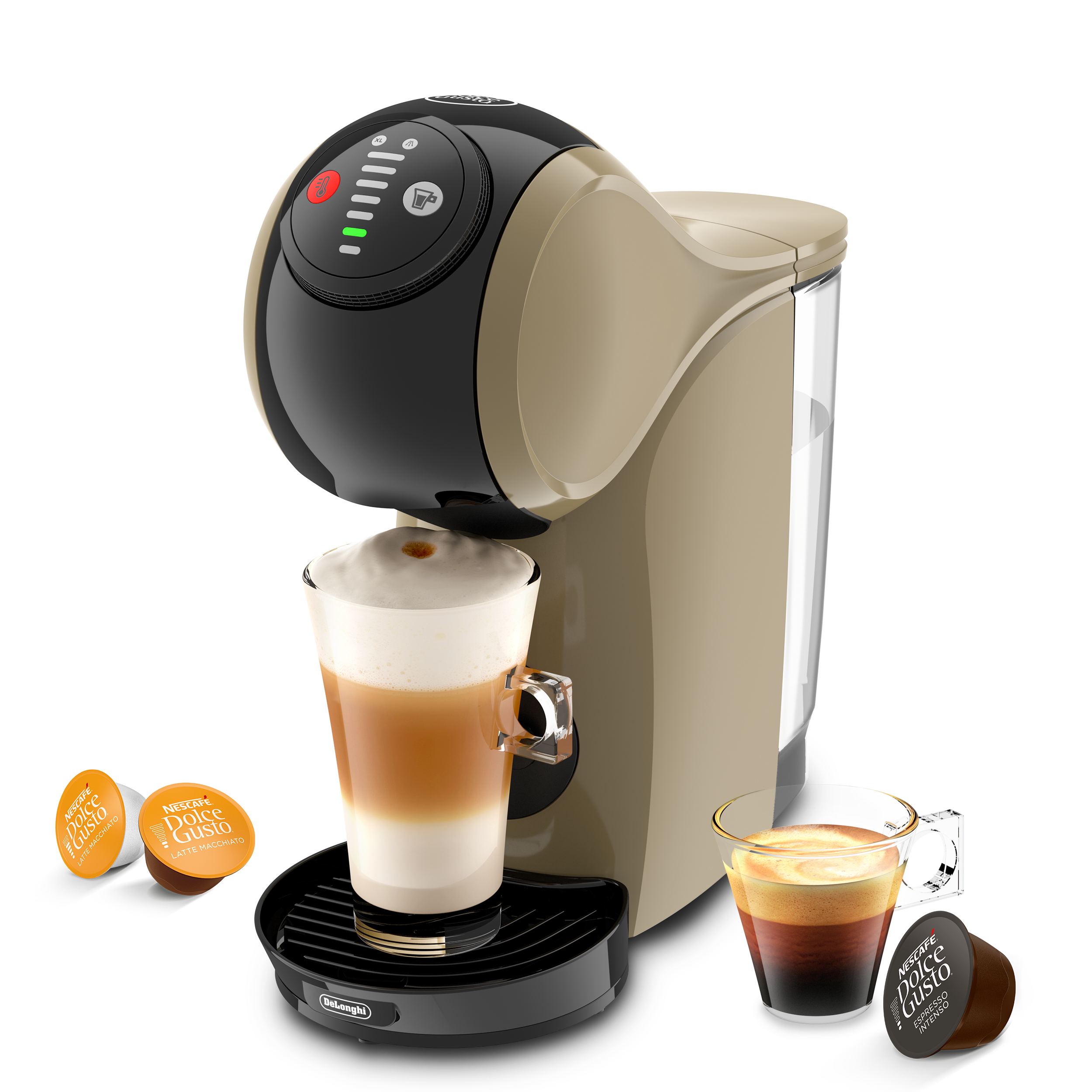 Mini Me 2 koffiemachine met een latte, een espresso en drie capsules