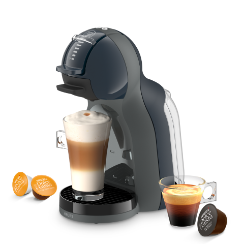 Mini Me 2 koffiemachine met een latte, een espresso en drie capsules