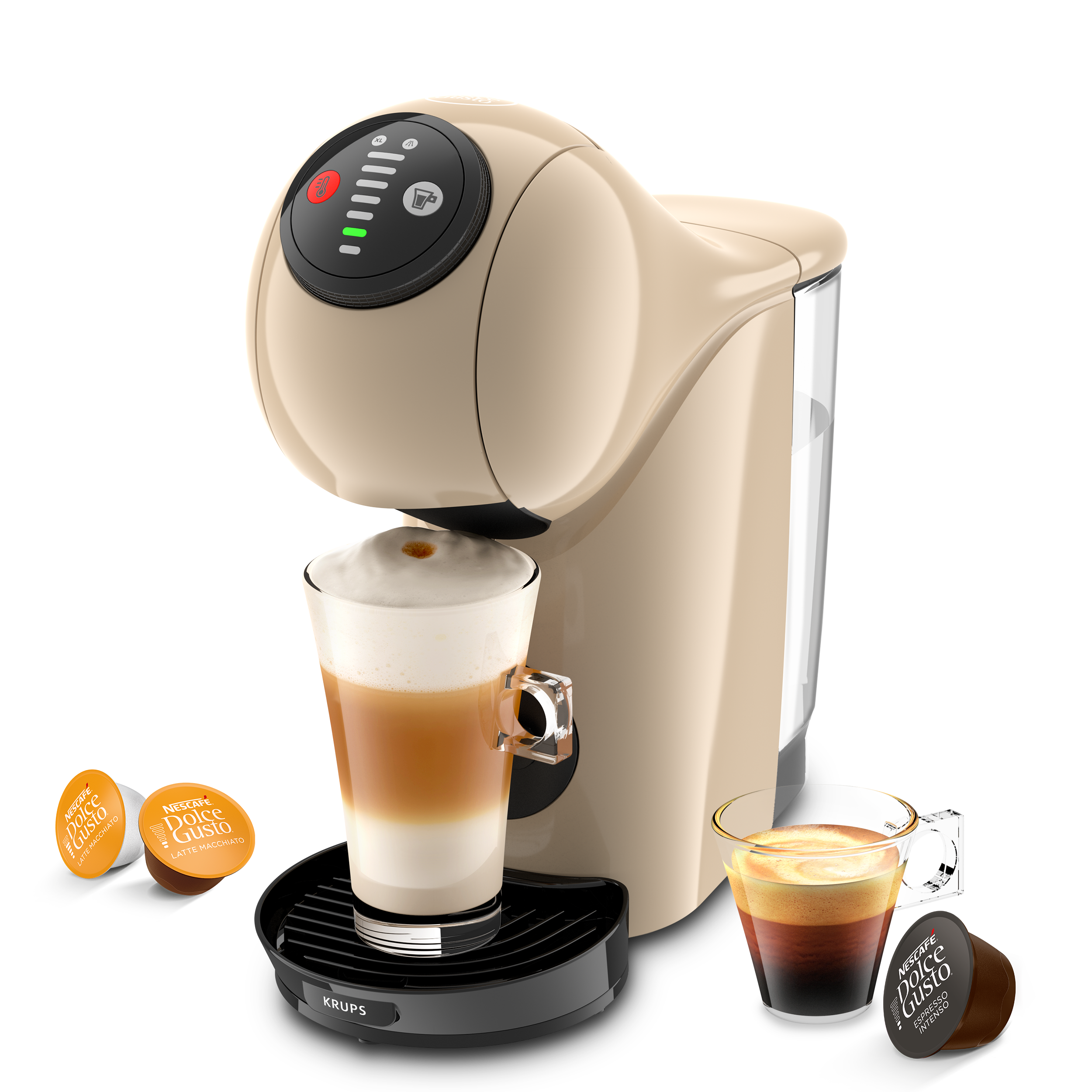 Mini Me 2 koffiemachine met een latte, een espresso en drie capsules