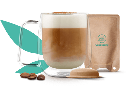mok met cappuccino naast een NEO pad en sachet