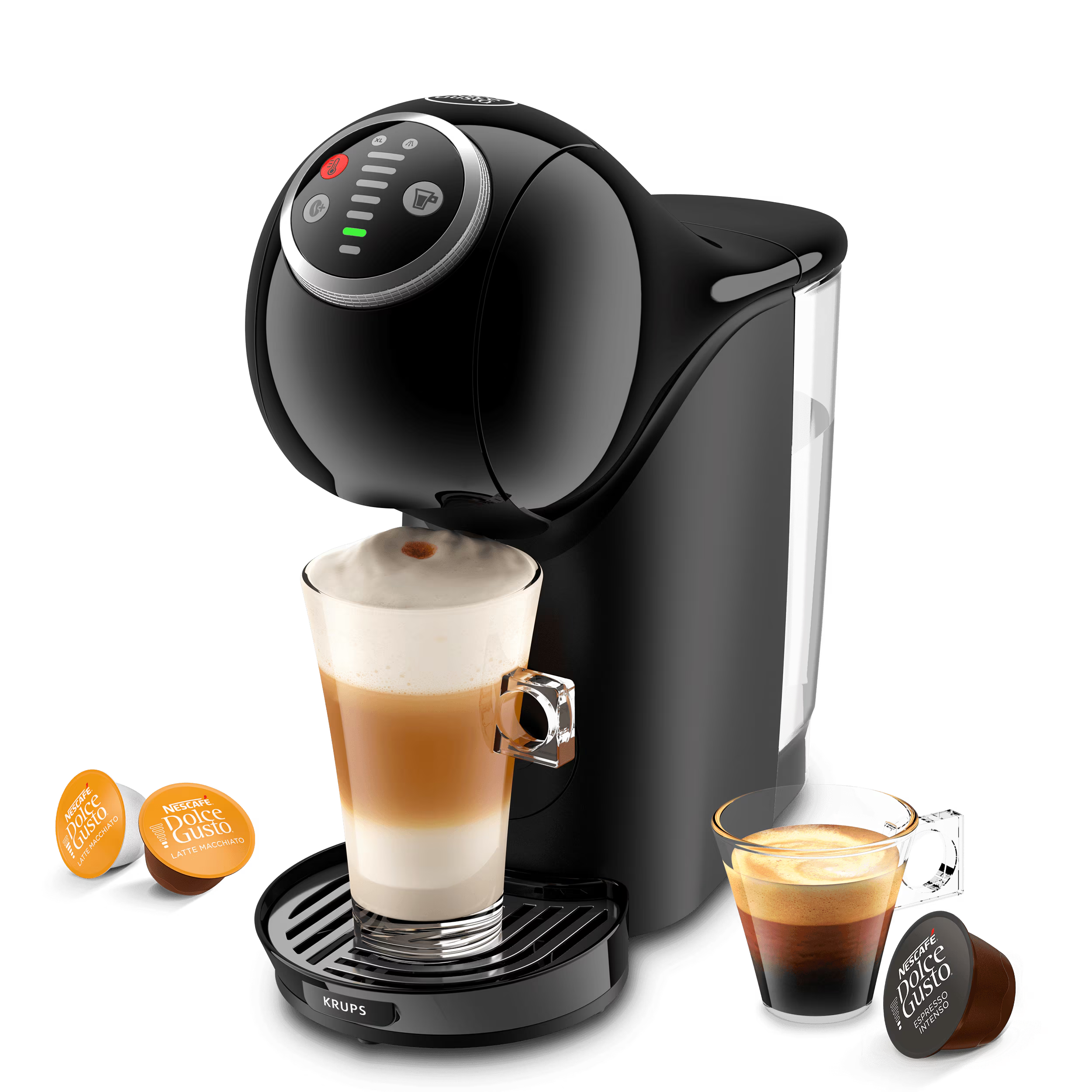 Genio S Plus koffiemachine met een latte, een espresso en drie capsules