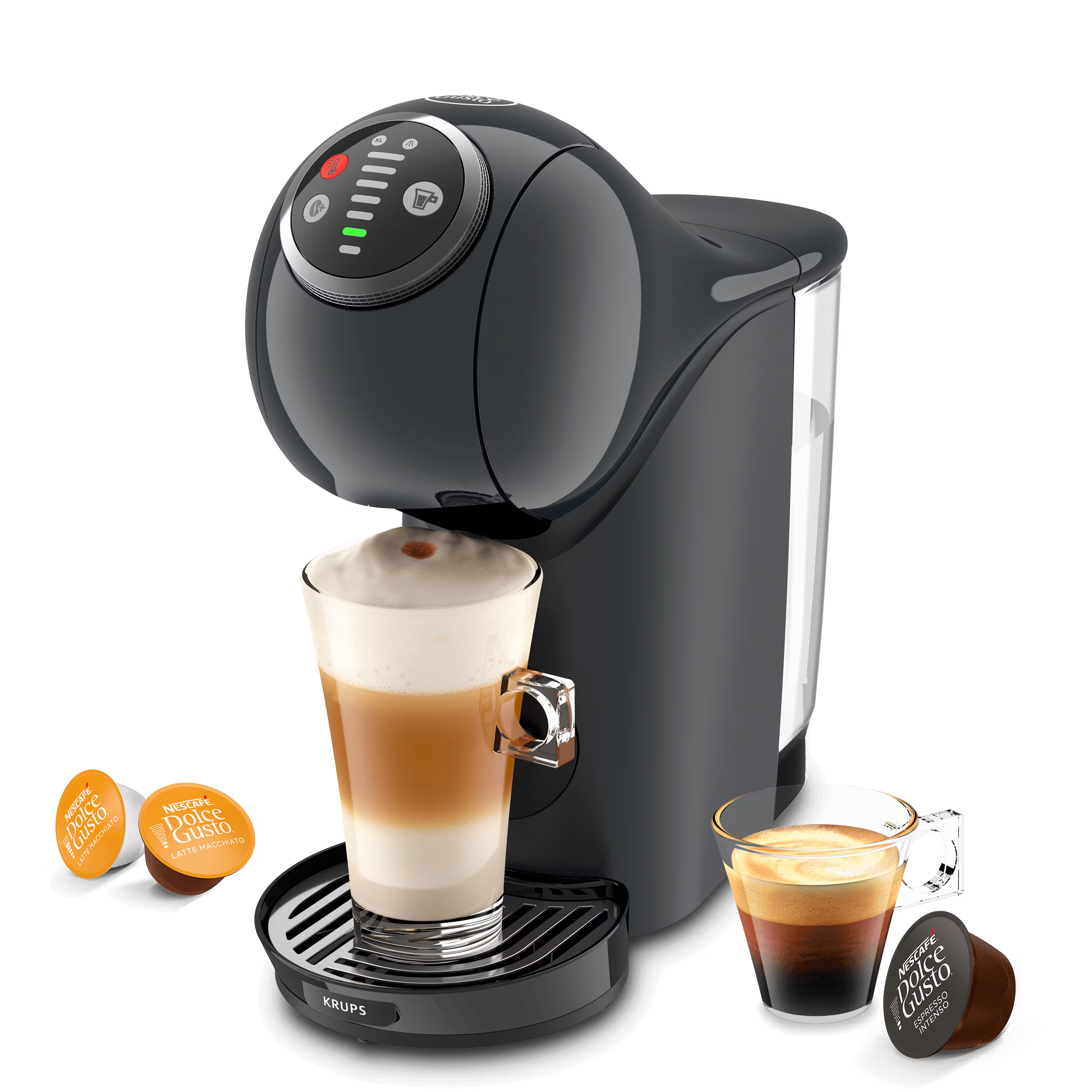 Genio S Plus koffiemachine met een latte, een espresso en drie capsules