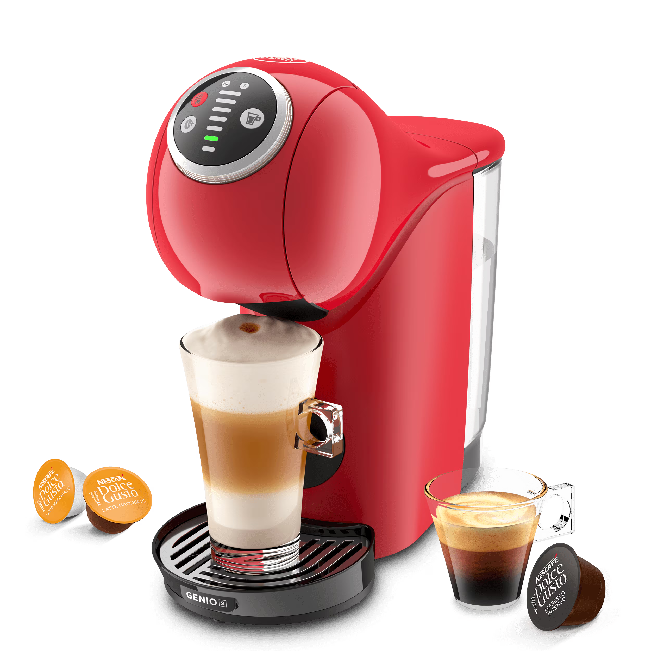 Genio S Plus koffiemachine met een latte, een espresso en drie capsules