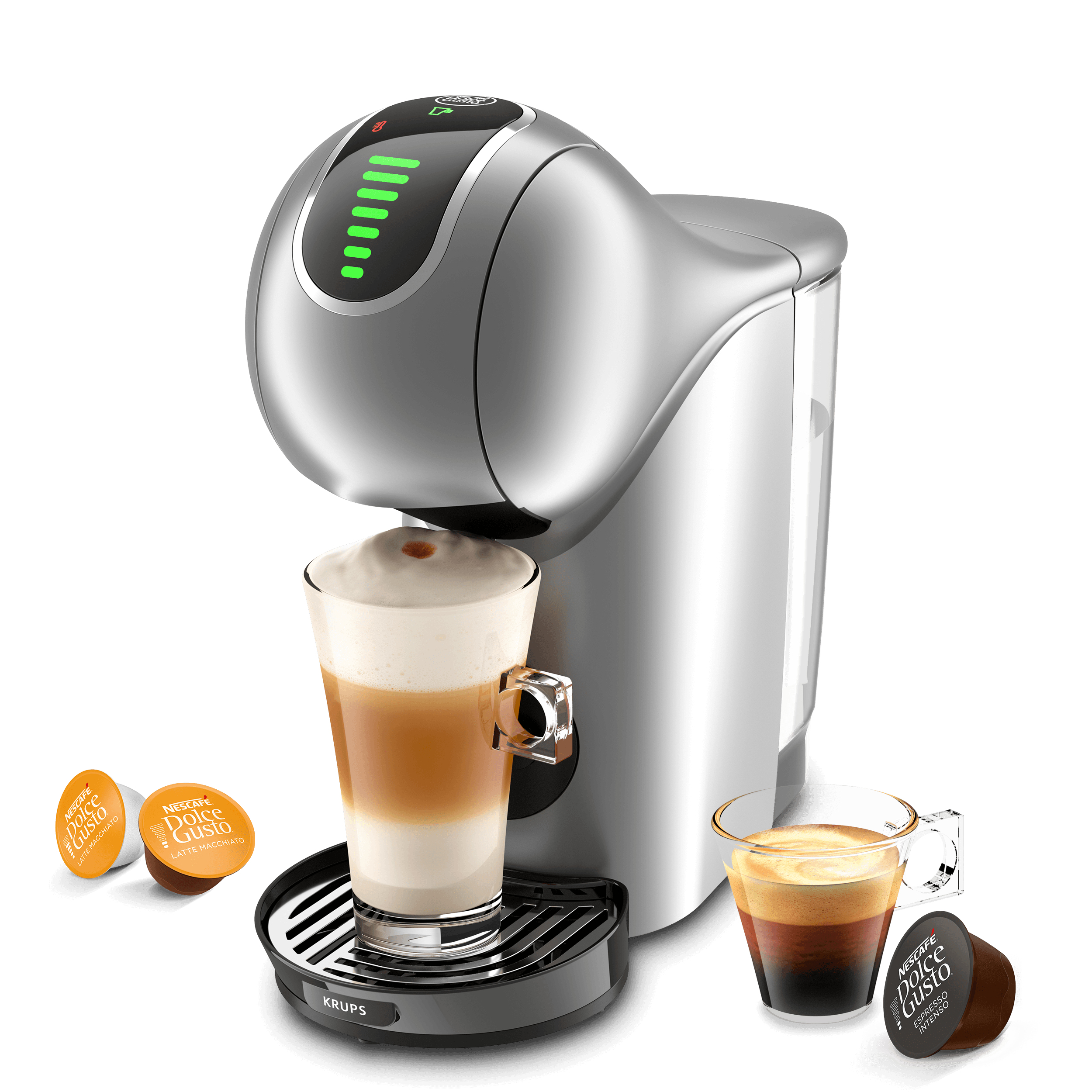 Genio S Touch koffiemachine met een latte, een espresso en drie capsules