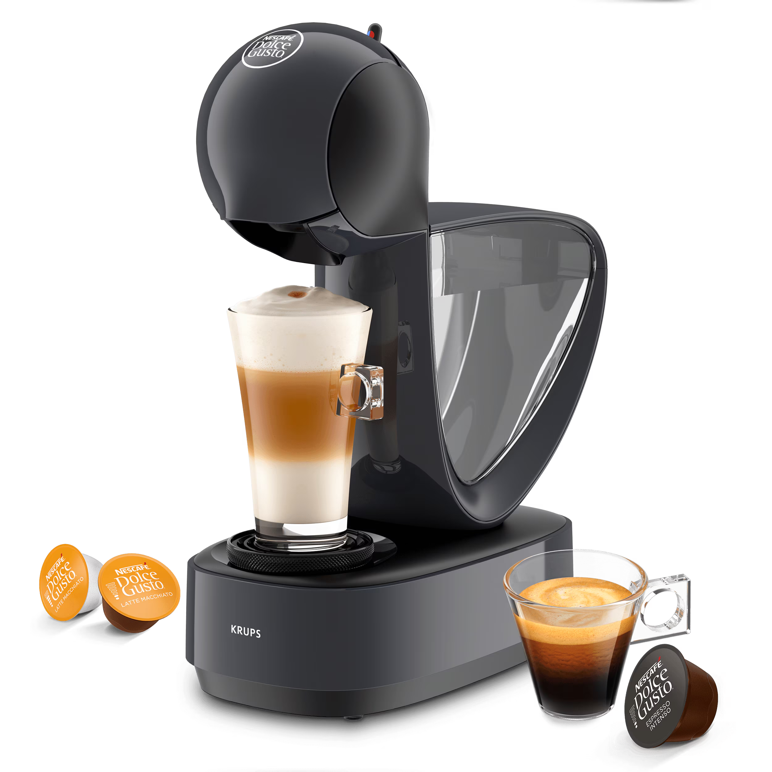 Infinissima koffiemachine met een latte, een espresso en drie capsules