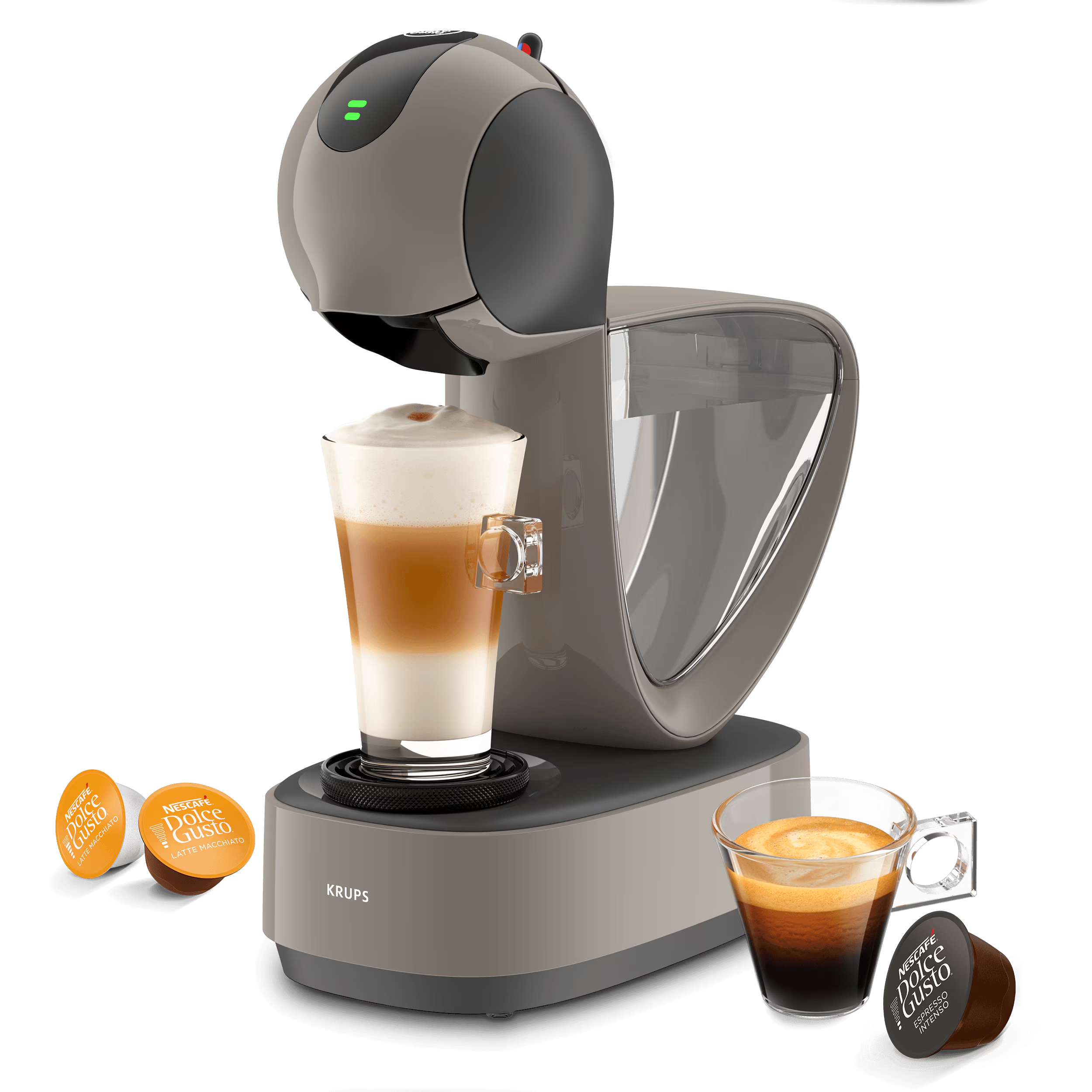 Infinissima Touch koffiemachine met een latte, een espresso en drie capsules