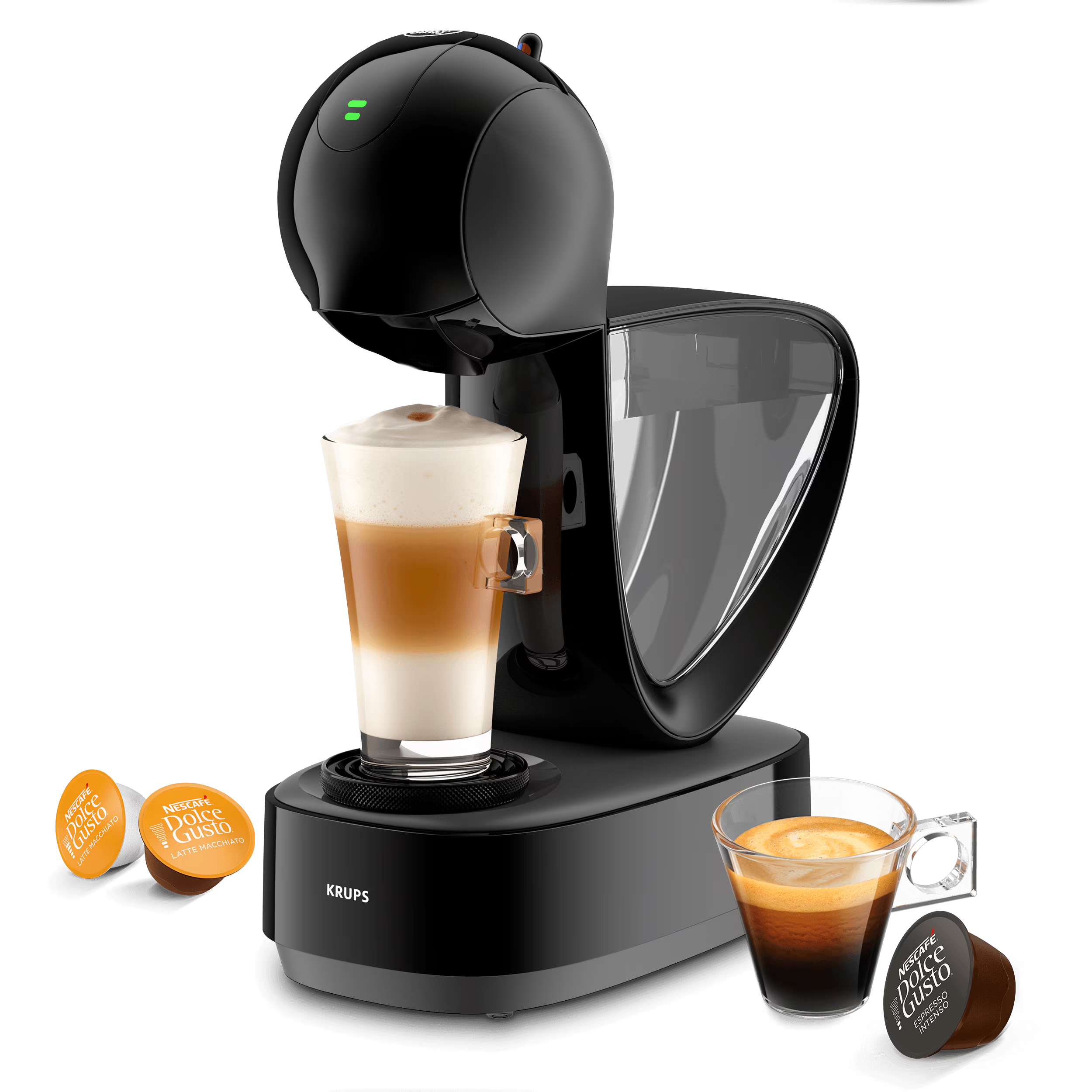 Infinissima Touch koffiemachine met een latte, een espresso en drie capsules