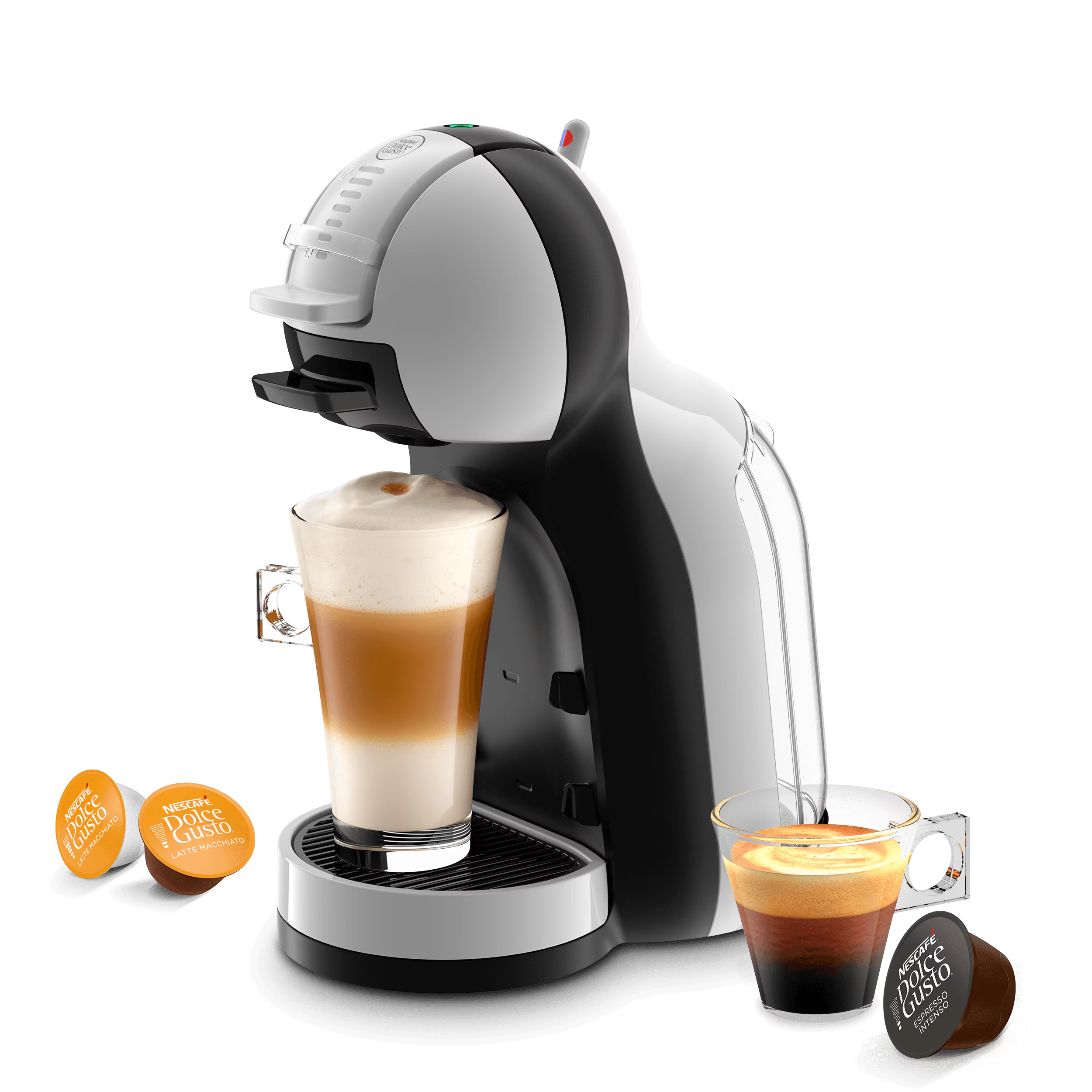 Mini Me koffiemachine met een latte, een espresso en drie capsules