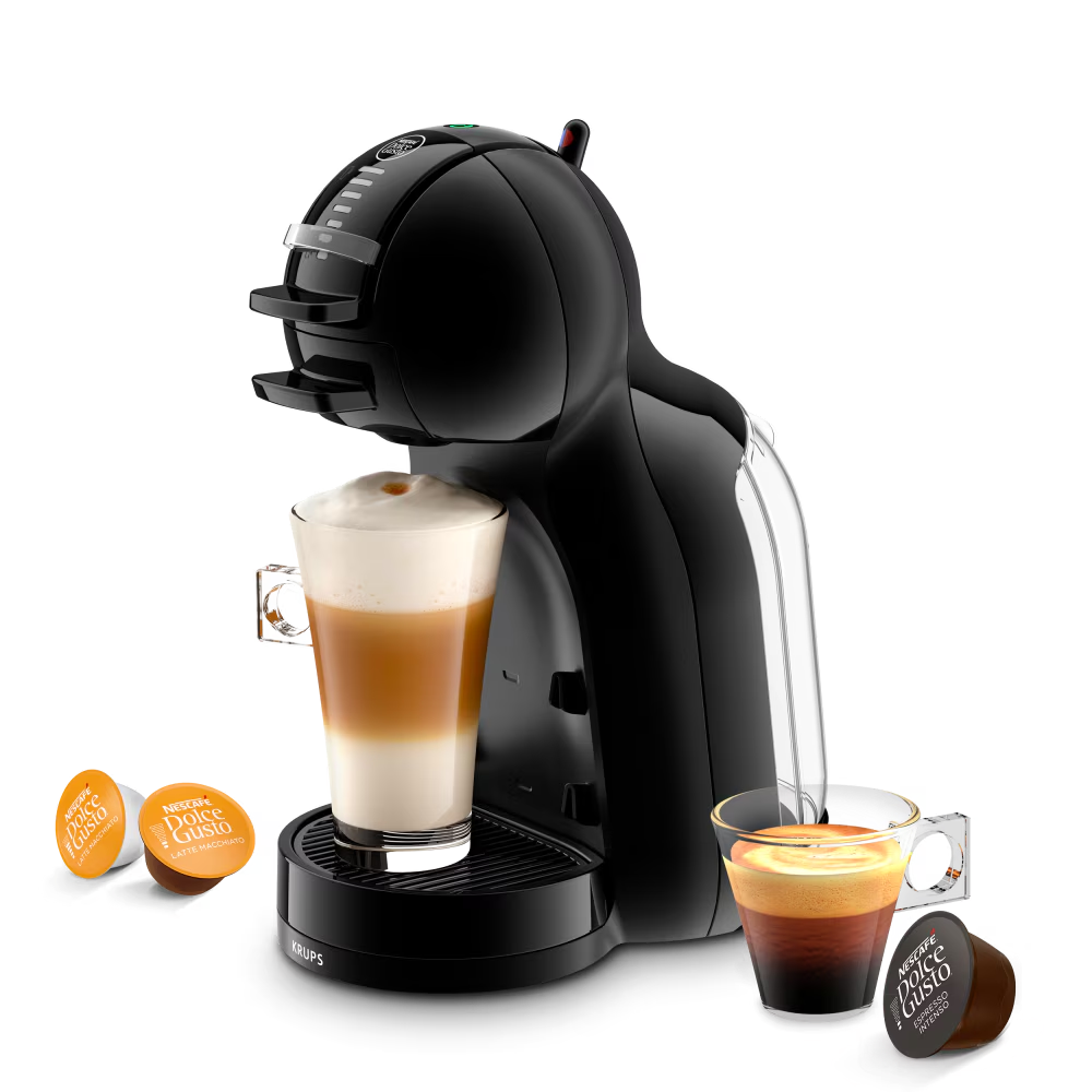 Mini Me 2 koffiemachine met een latte, een espresso en drie capsules
