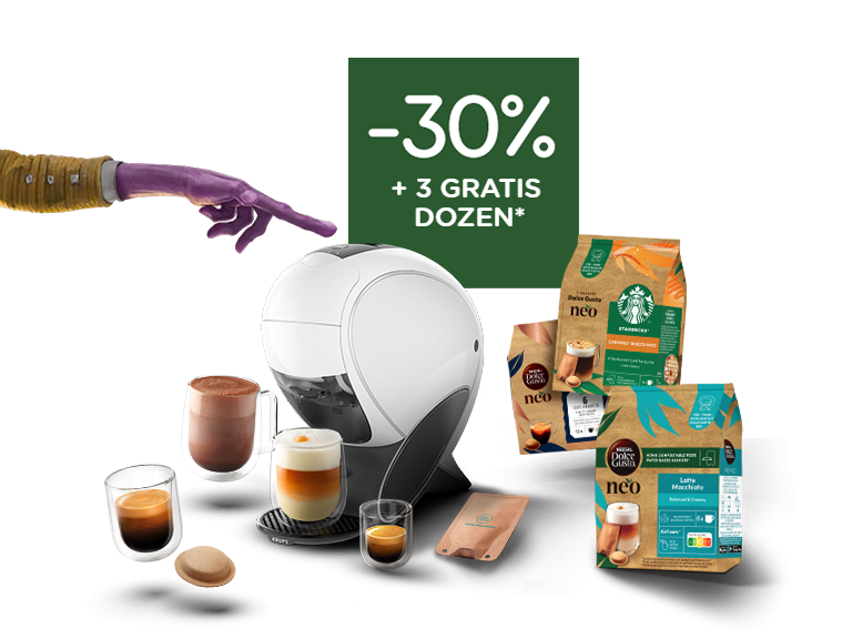 Een witte NEO Latte slimme koffiemachine met verschillende dranken en dozen.