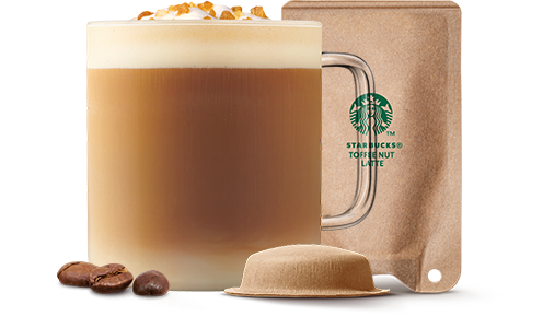 Bovenaanzicht van een Starbucks Toffee Nut Latte koffie.