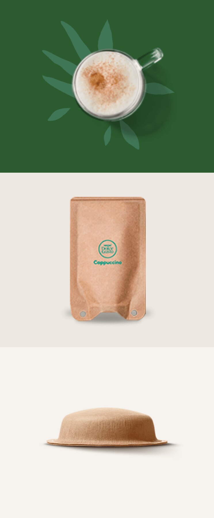 branche avec des feuilles à côté d'une tasse, d'une capsule et d'un sachet