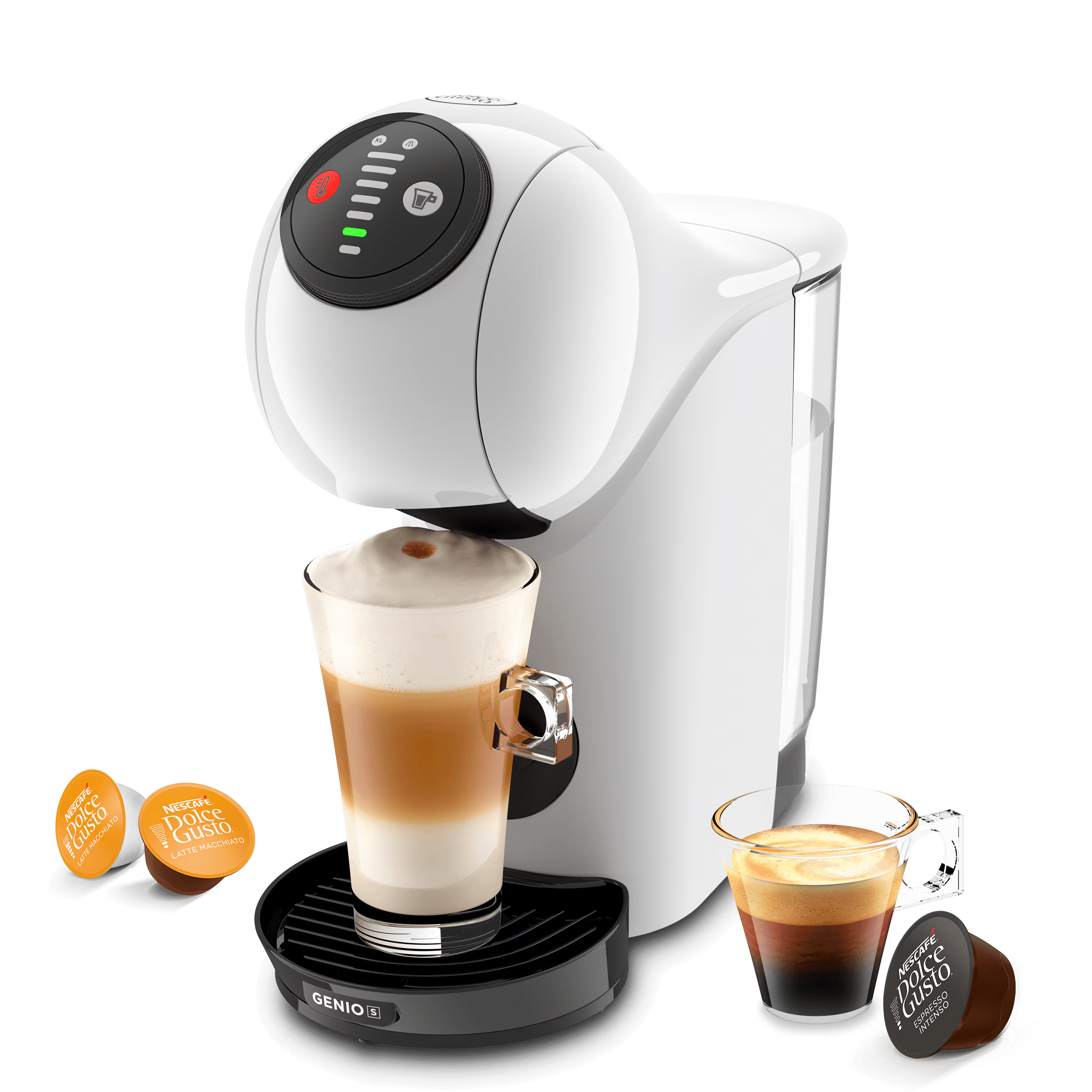 Mini Me 2 koffiemachine met een latte, een espresso en drie capsules