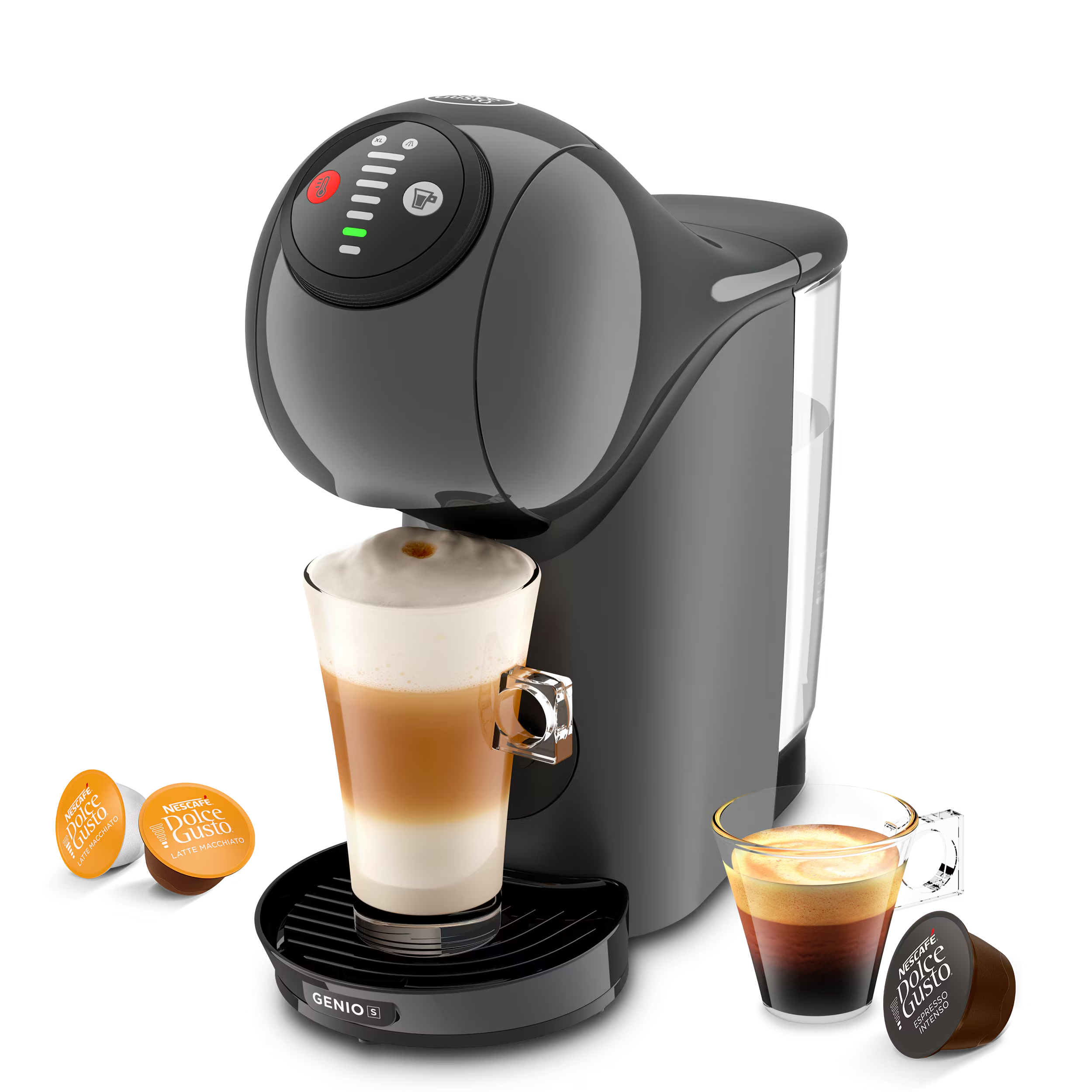 Mini Me 2 koffiemachine met een latte, een espresso en drie capsules