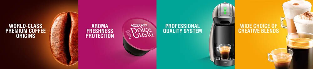 Koffieboon, een NESCAFÉ Dolce Gusto capsule, een NESCAFÉ Dolce Gusto koffiemachine Genio en bereide koffie producten