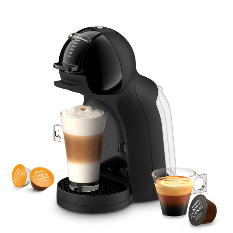 Mini Me 2 koffiemachine met een latte, een espresso en drie capsules