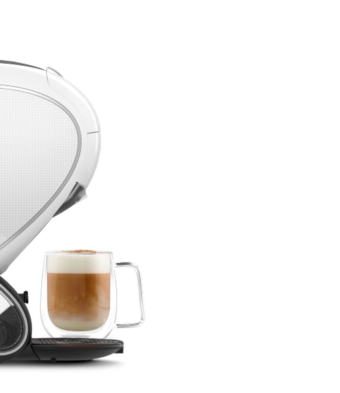 Een vergelijking tussen een witte NEO Latte koffiemachine en een zwarte NEO Caffè machine. Een aliënvinger zweeft ertussen.