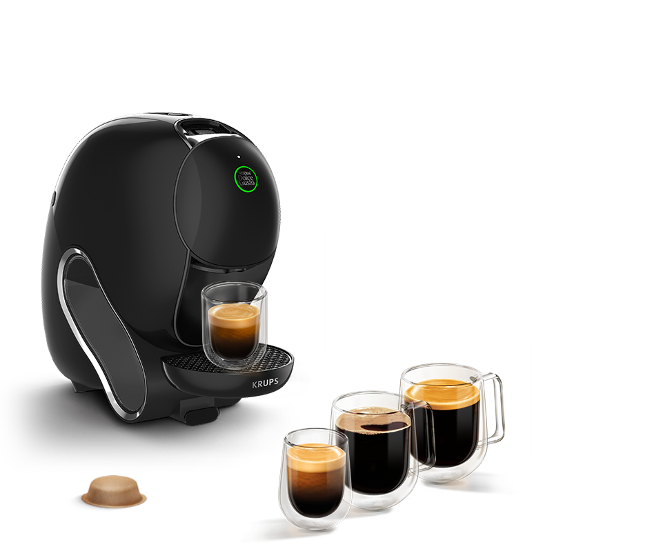 Een zwarte NEO Caffè-machine met NEO zwarte koffies.