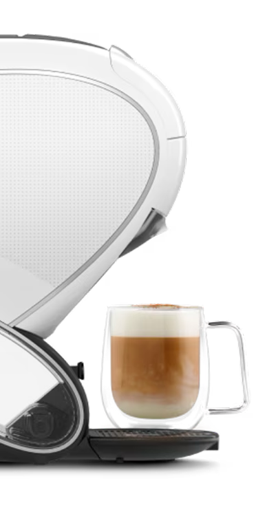 Een vergelijking tussen een witte NEO Latte koffiemachine en een zwarte NEO Caffè machine. Een aliënvinger zweeft ertussen.