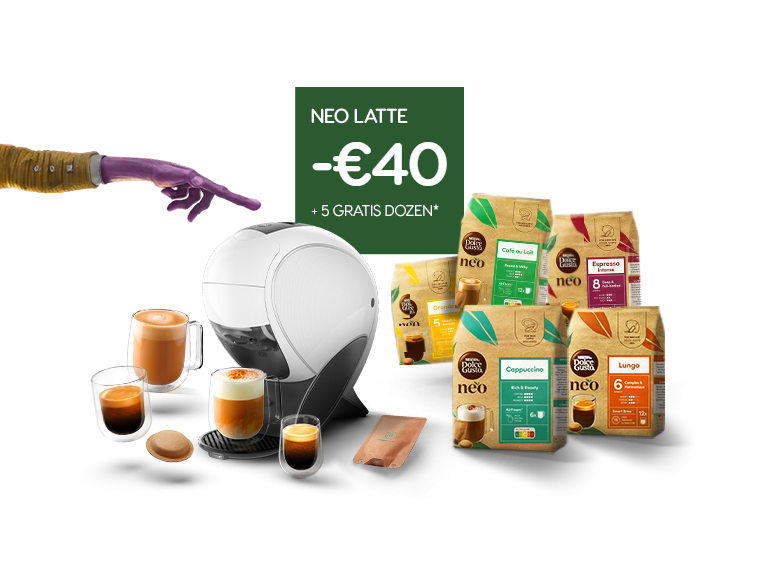 Een witte NEO Latte slimme koffiemachine met verschillende dranken en dozen.