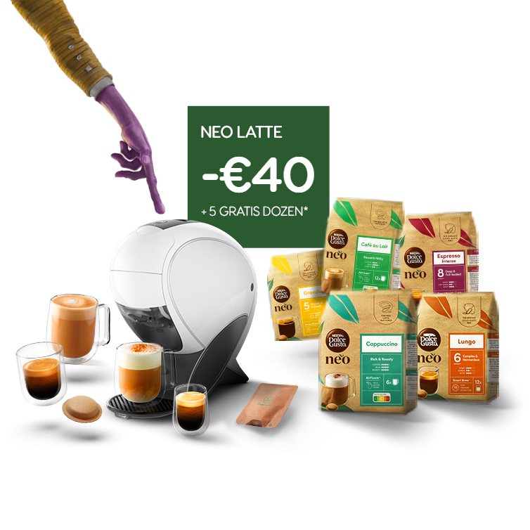 Een witte NEO Latte slimme koffiemachine met verschillende dranken en dozen.