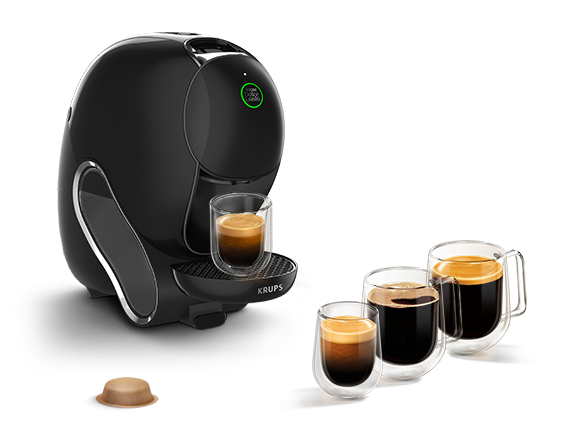 Een zwarte NEO Caffè-machine met NEO zwarte koffies.