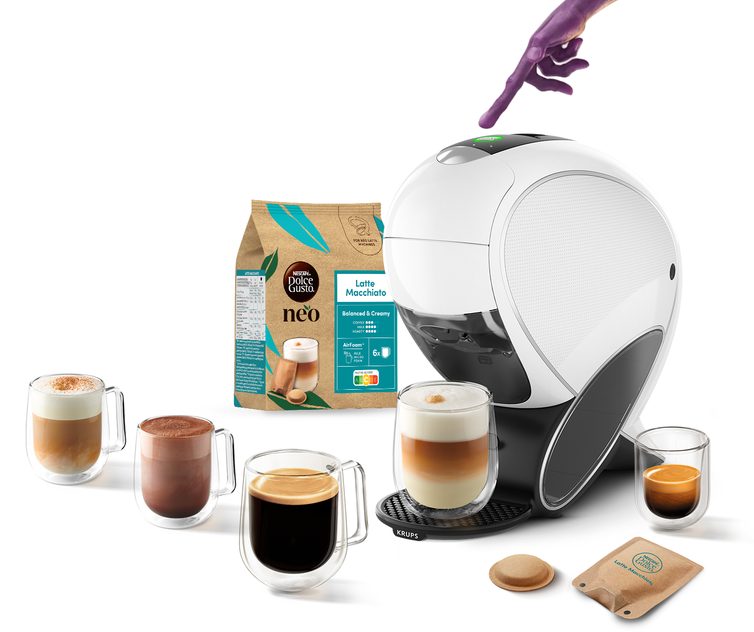 Alienvinger raakt de NEO Latte machine aan. Dranken, een NEO-pakket, pad en sachet rondom de machine.