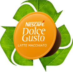 Recycle-pictogram met drie pijlen met een Dolce Gusto-apparaat en SPECIAL.T capsules