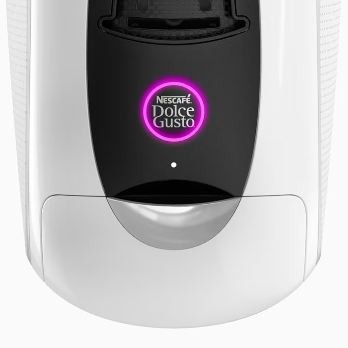 Witte NEO Latte koffiemachine met paars verlichte startknop.