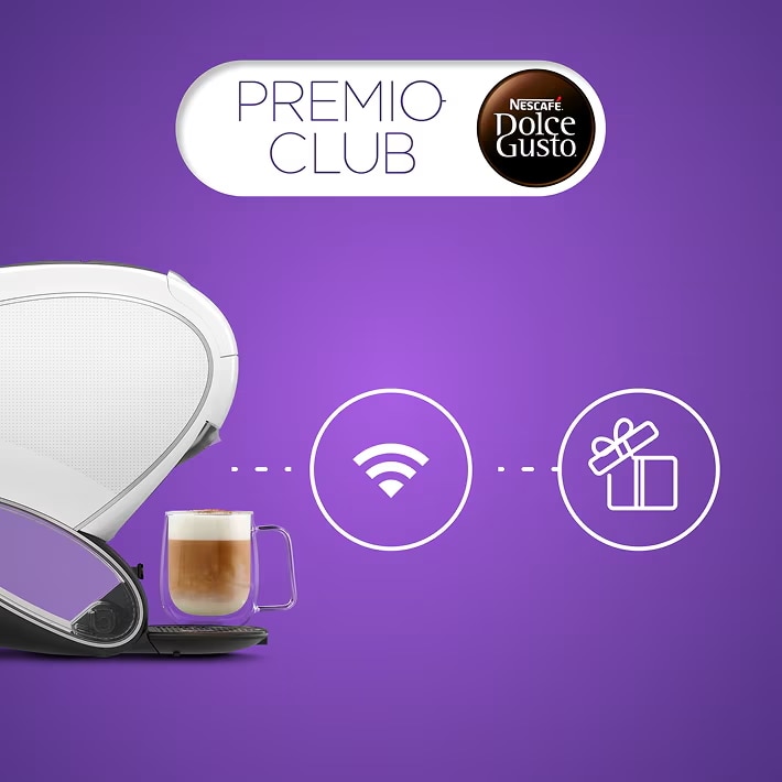 Witte NEO Latte koffiemachine, Wi-Fi-pictogram en cadeaupictogram.