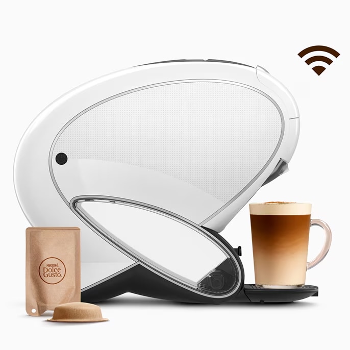 Witte NEO Latte slimme koffiemachine met Wi-Fi-pictogram.