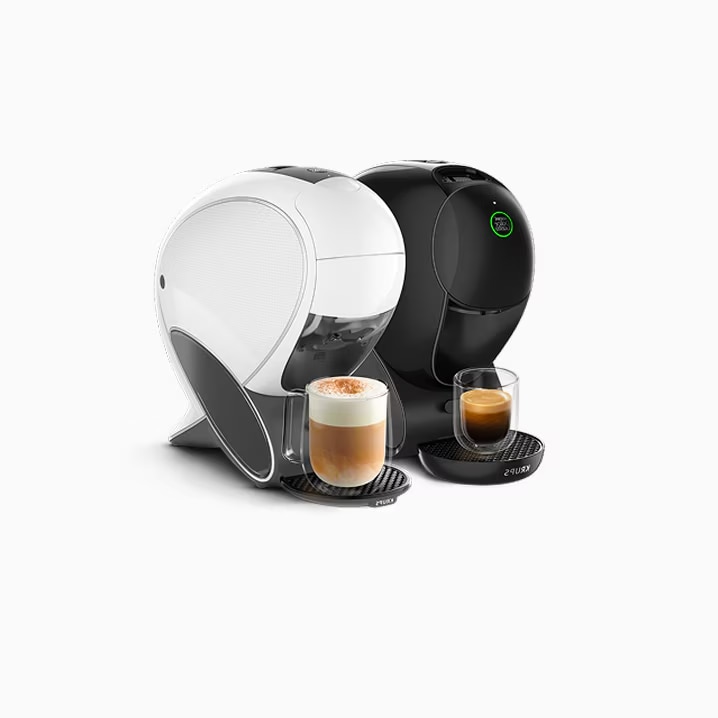 Een witte en een zwarte NEO Latte koffiemachine.